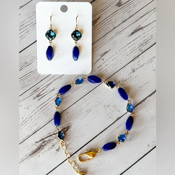 Blue glass and rhinestone Jewelry Set, gold tone, bracelet and earring set, gift - Picture 1 of 8